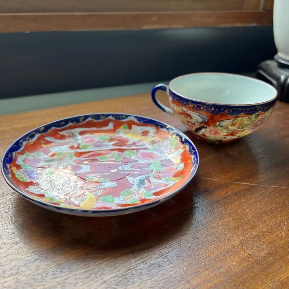 VTG Japanese Koi Fish Teacup & Saucer Set Red Floral Cobalt Rim Porcelain